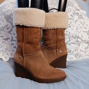 UGG Jocelyn 1941 Suede & Sherling 3" Wedge Heel Mid Calf Boots EUC Size 9